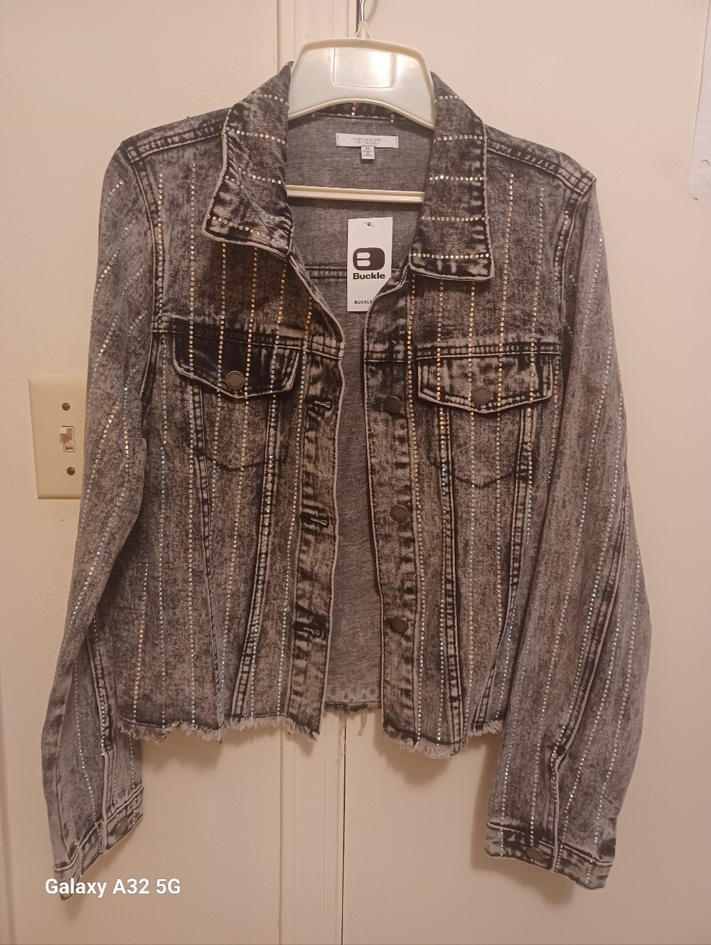 Gray Rhinestone-Striped Denim Jacket